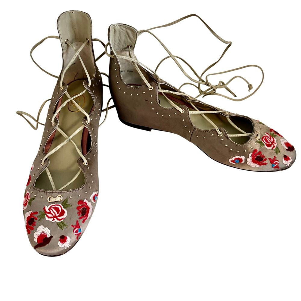 ASH Embroidered Studded Satin Leather Lace Up Ballet Flats Boho Fairy Indie 37